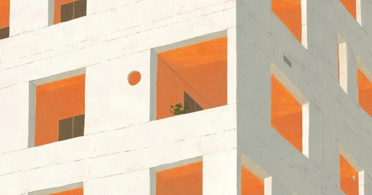 Abstract cityscape illustration with orange, grey and white buildings, featuring visible balconies with a potted plant.
